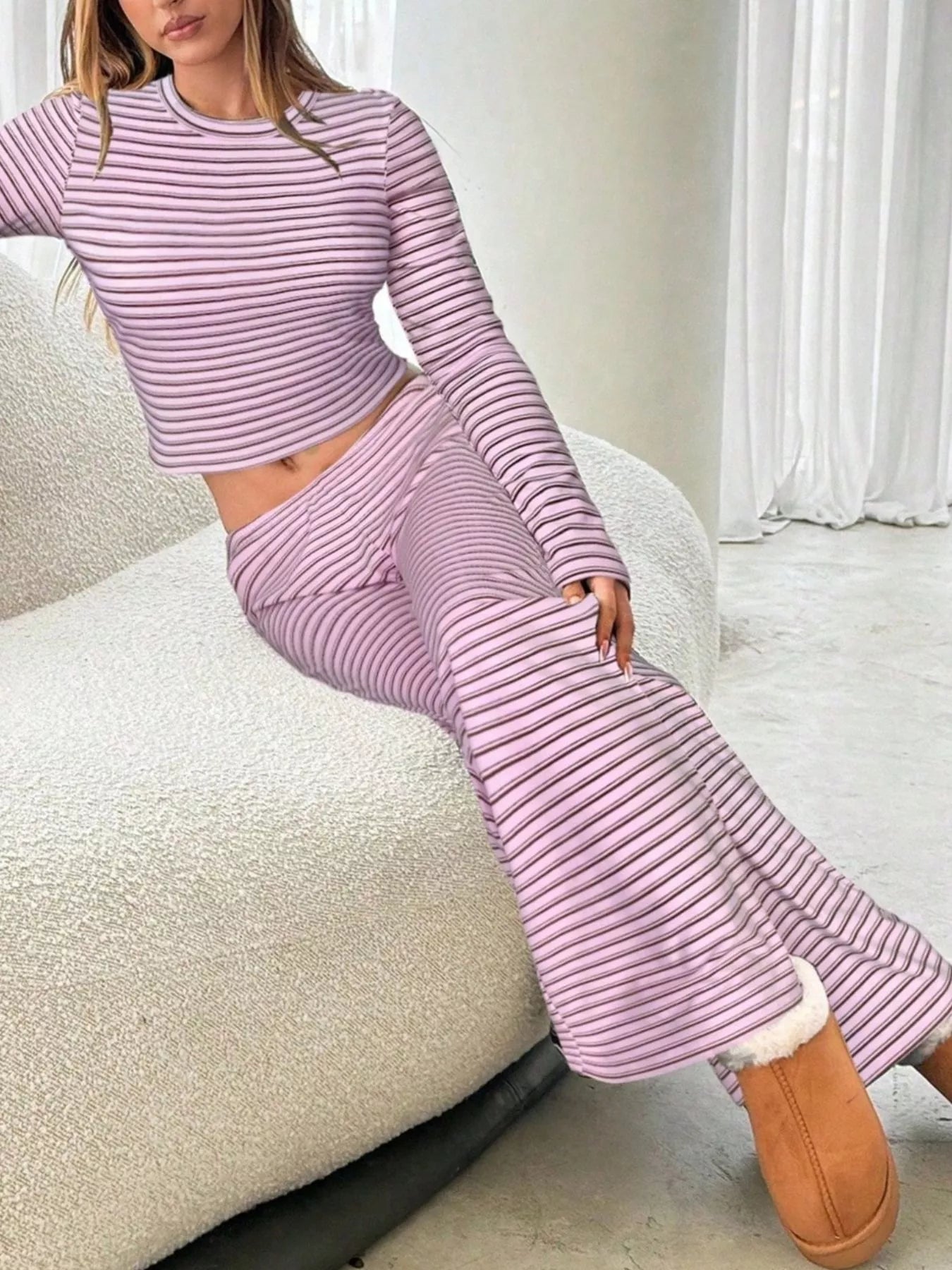 Striped Long Sleeve Crop Top and Wide Leg Pants Set