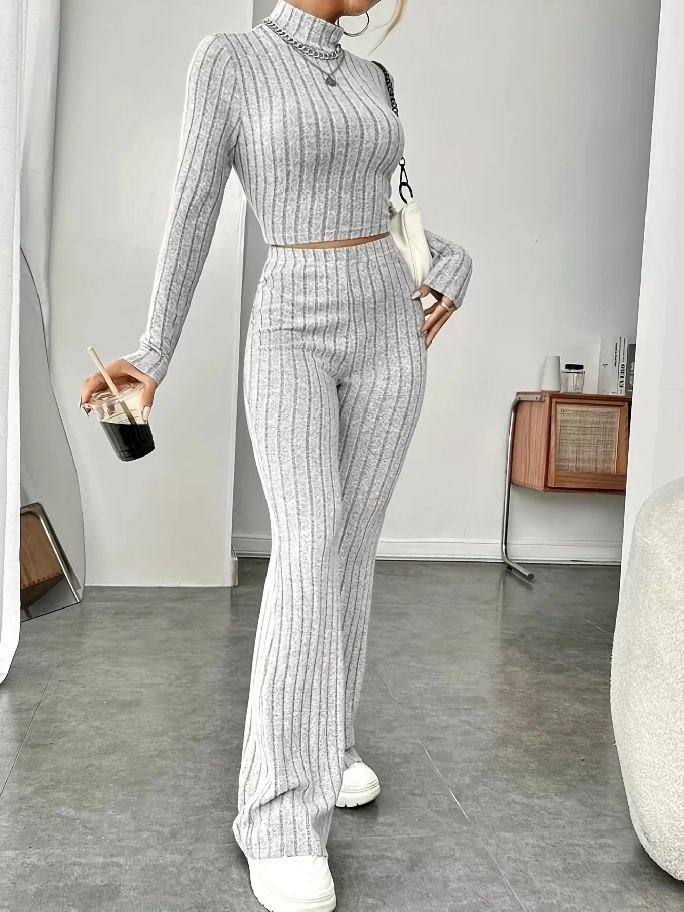 Ribbed Turtleneck Crop Top and Flare Pants Sweater Set