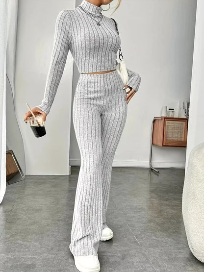 Ribbed Turtleneck Crop Top and Flare Pants Sweater Set