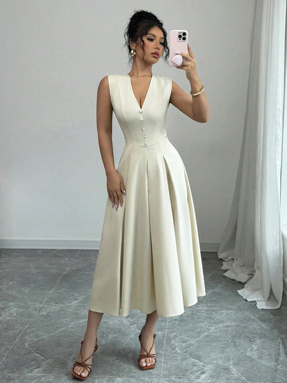 V-Neck Sleeveless Midi Dress