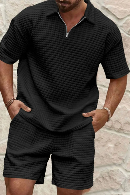 Men's Zip Collar Short Sleeve Top and Shorts Set