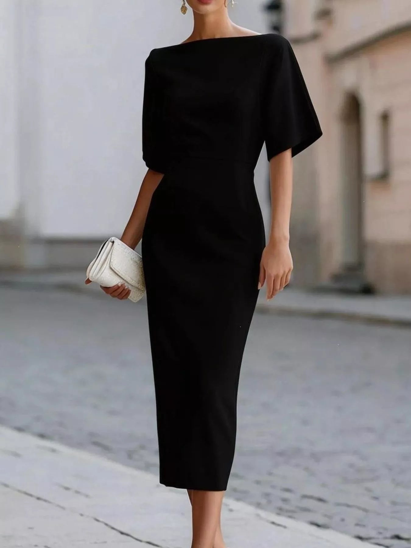 Half Sleeve Boat Neck Midi Dress