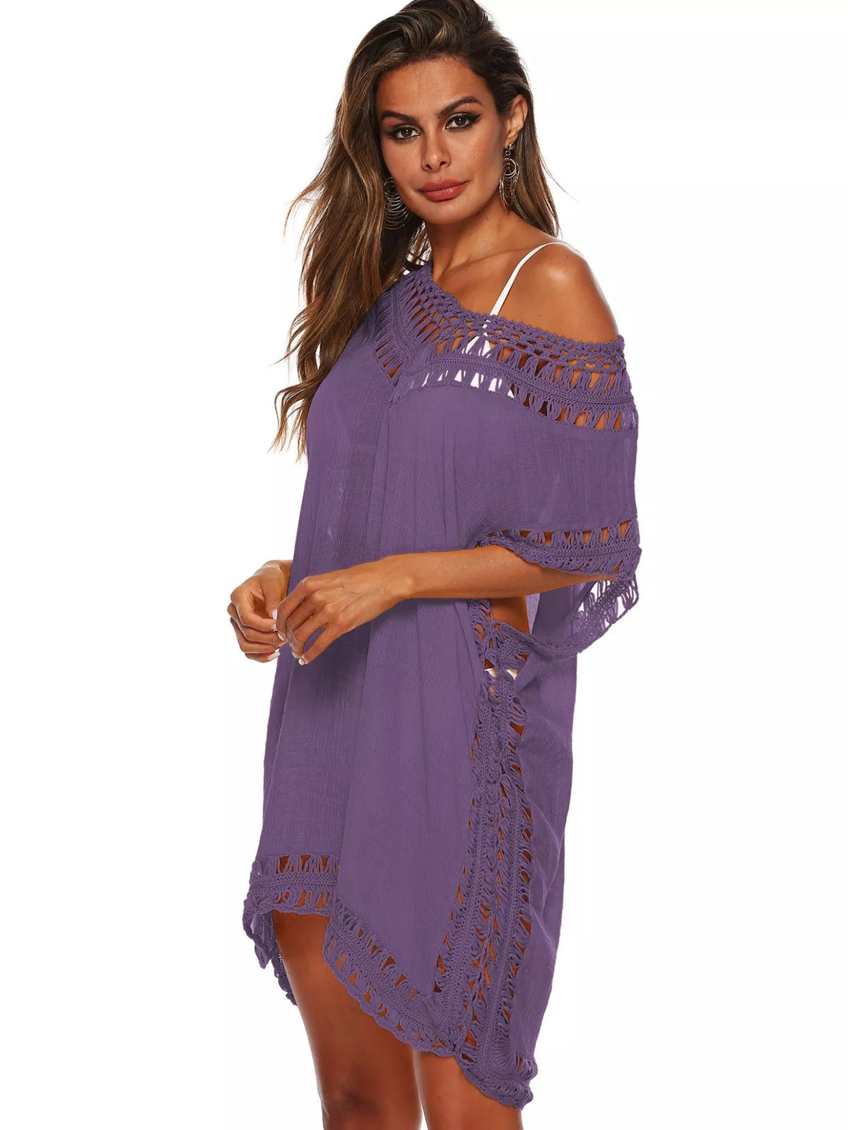 Crochet Trim V-Neck Beach Cover-Up Dress in 9 Colors