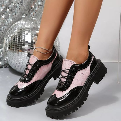 Fuchsia pink round toe platform loafers, mid heel