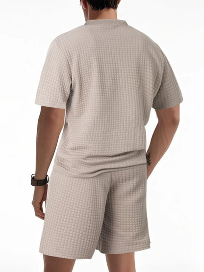 Men's Textured Round Neck Top and Shorts Set