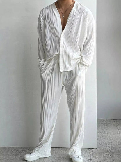 Men's Textured Button Up Shirt and Pants Set Plus Size