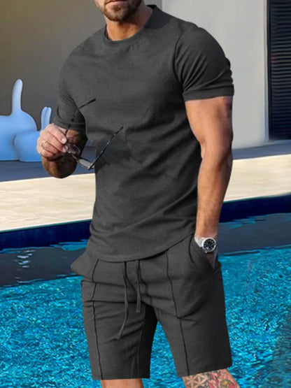 Men's Round Neck Short Sleeve Top and Shorts Set