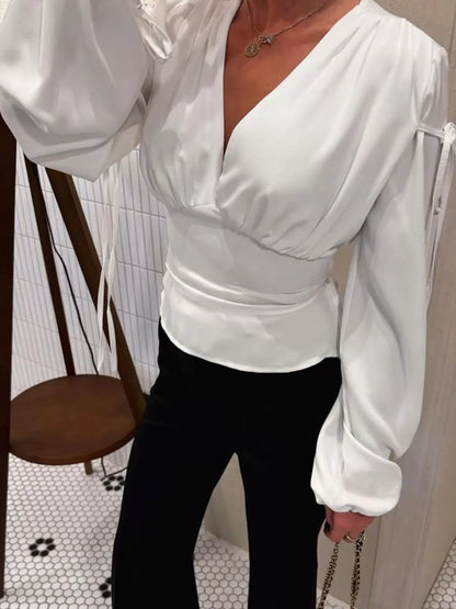 Tied V-Neck Balloon Sleeve Blouse