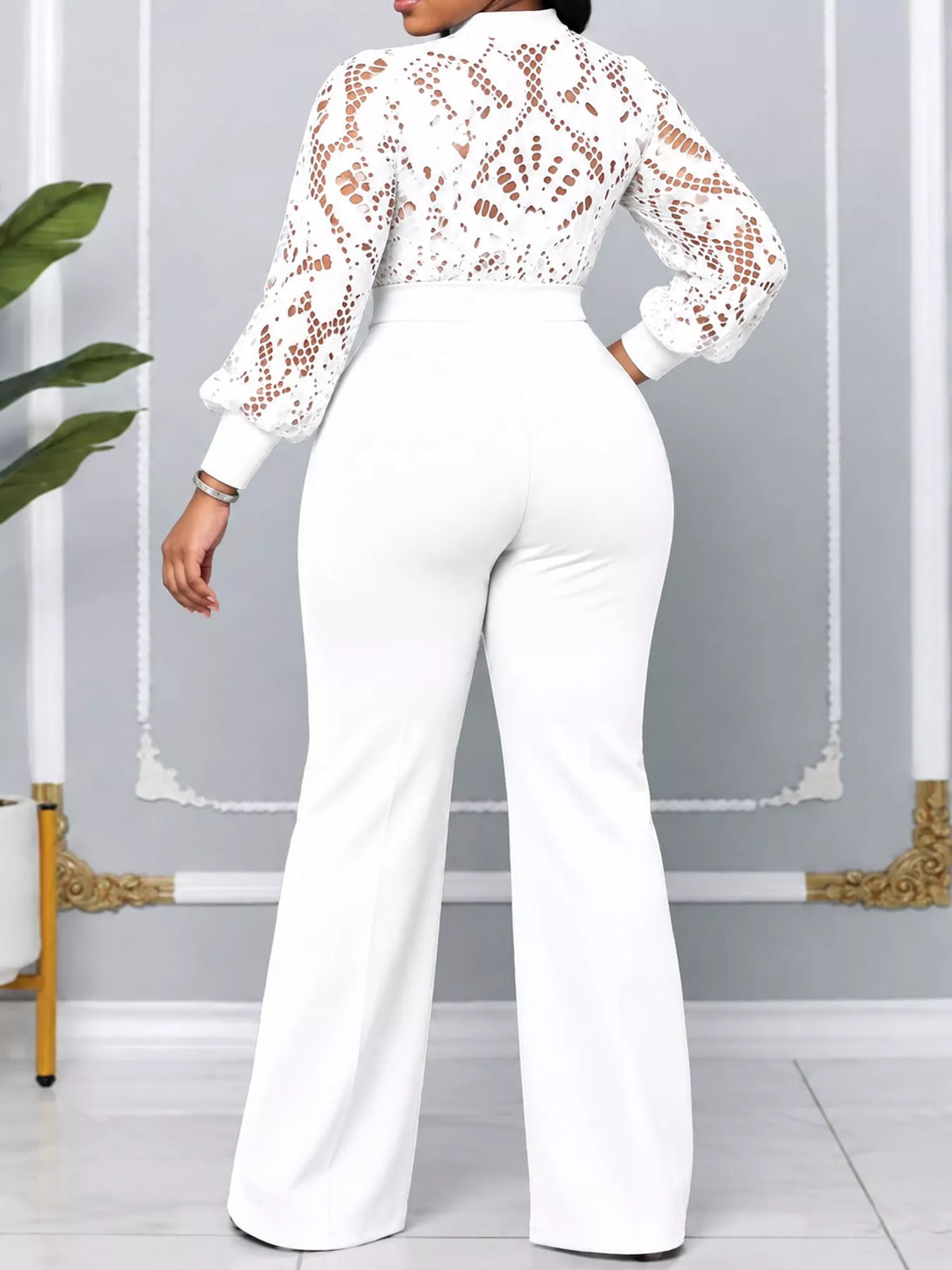 Plus Size Lace Lantern Sleeve Flare Jumpsuit