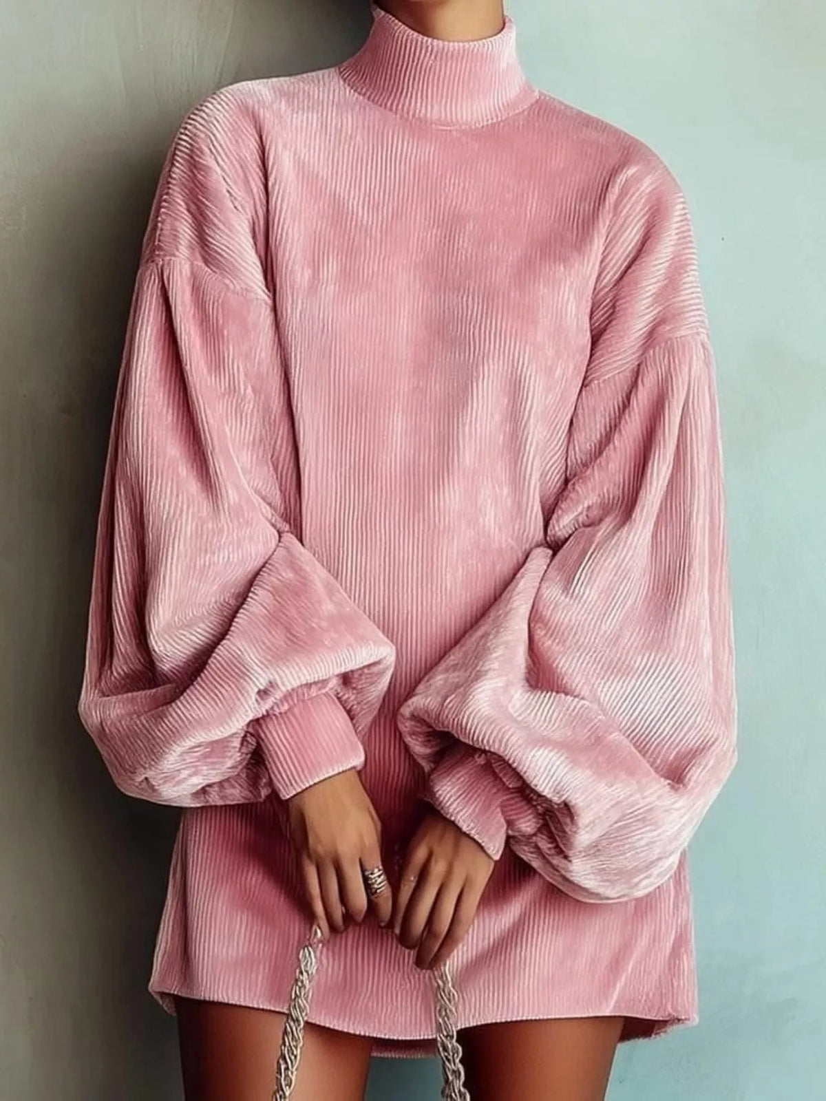 Women's corduroy mock neck dress with lantern sleeves