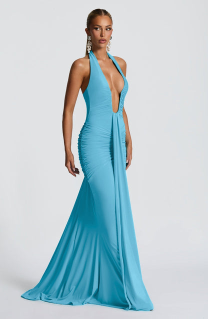 Deep V-neck off-shoulder ruffled dress