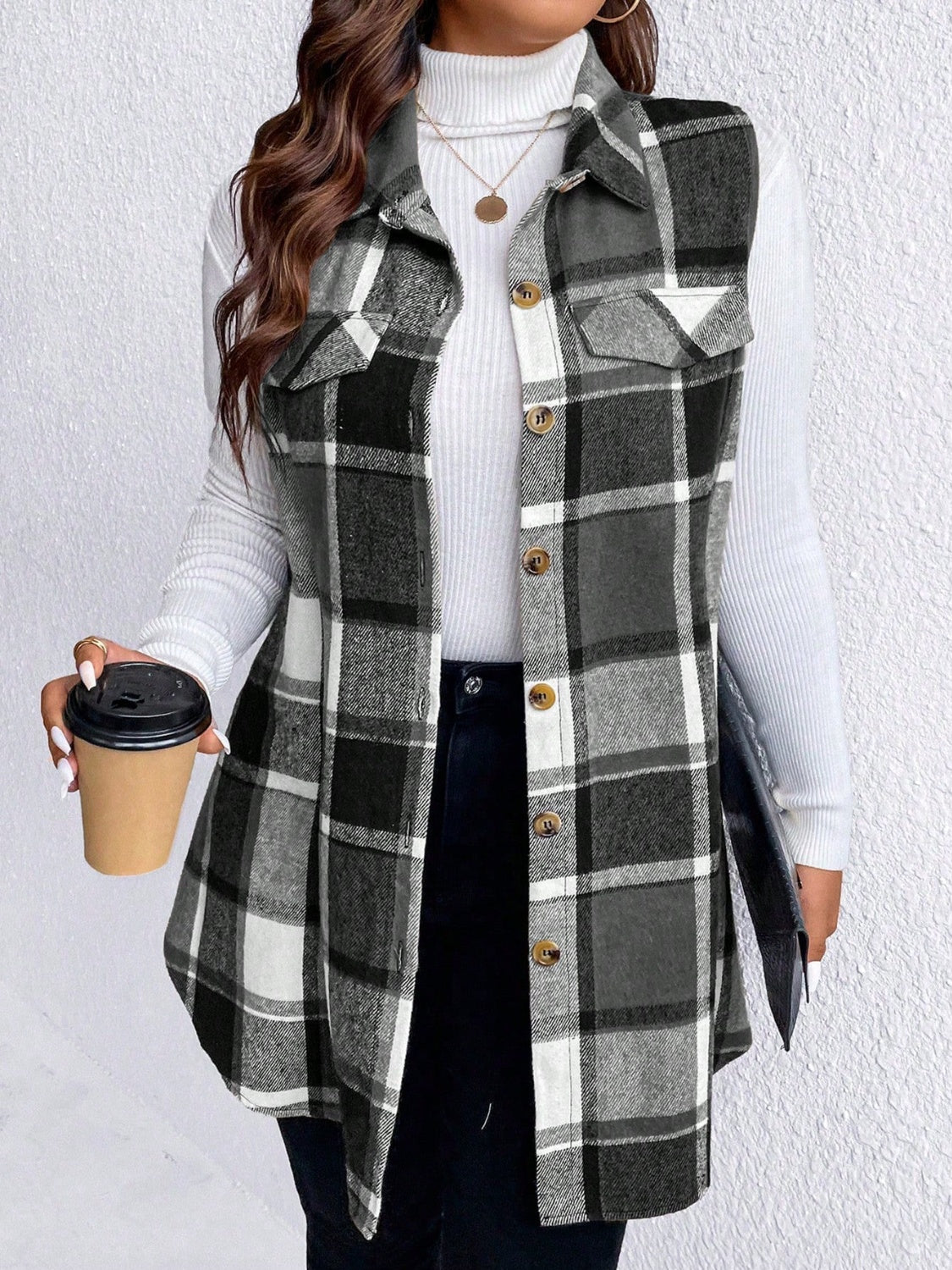 Plus Size Button Up Vest Coat