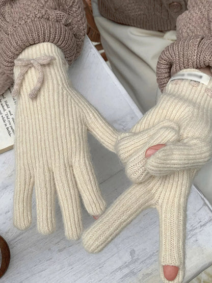 Knitted Gloves with Bow Accent