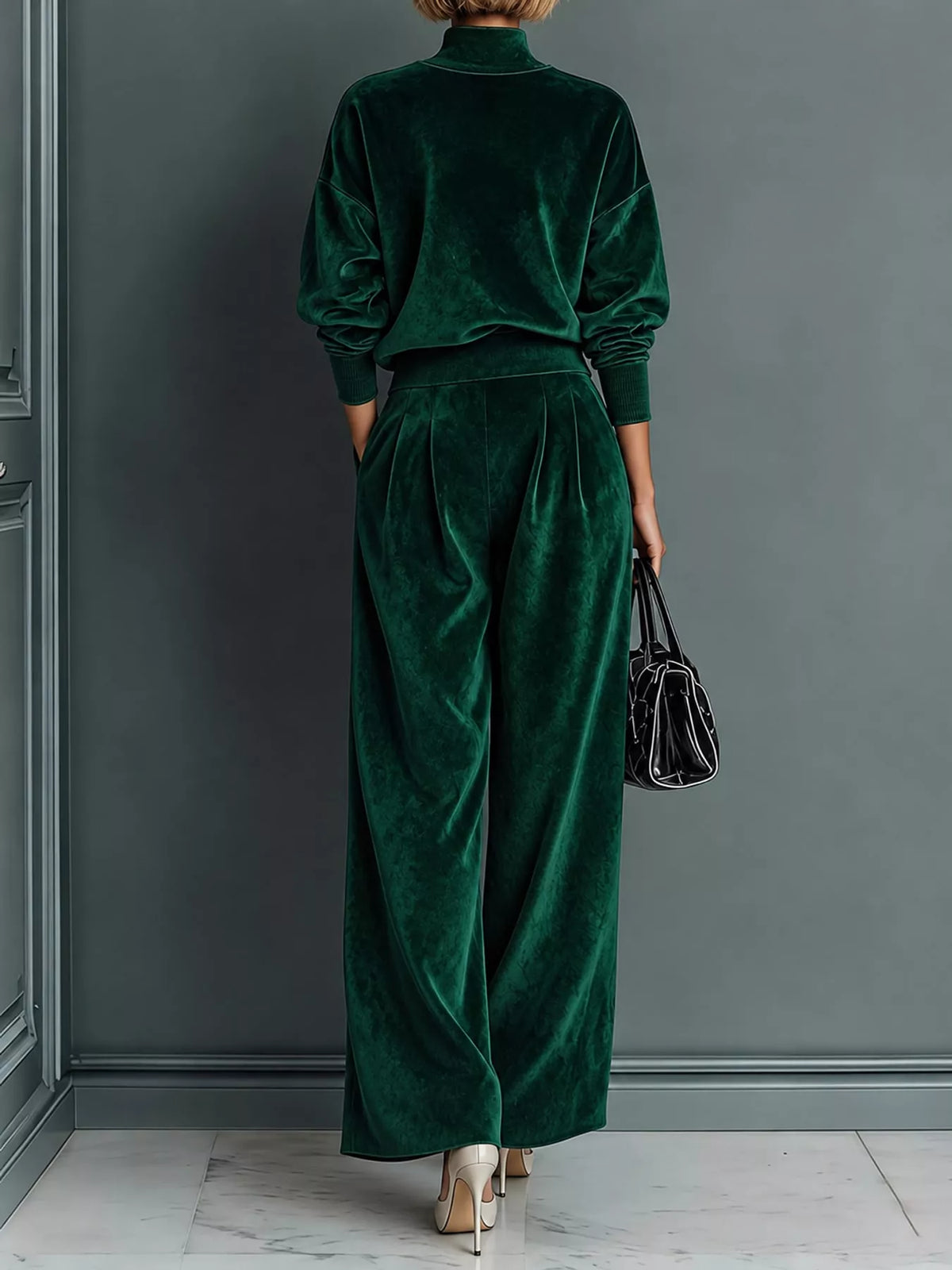 Velvet mock neck top and pants set, view 14