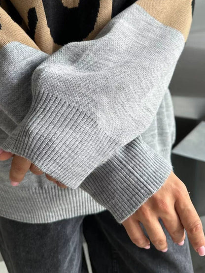 Leopard Color Block Round Neck Sweater