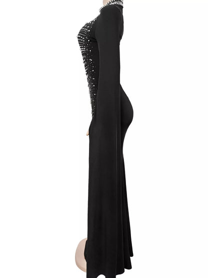 Rhinestone Slit Flare Sleeve Cape Maxi Dress