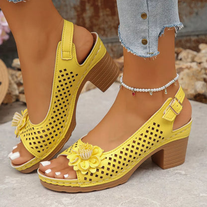 Floral Accent Block Heel Sandals