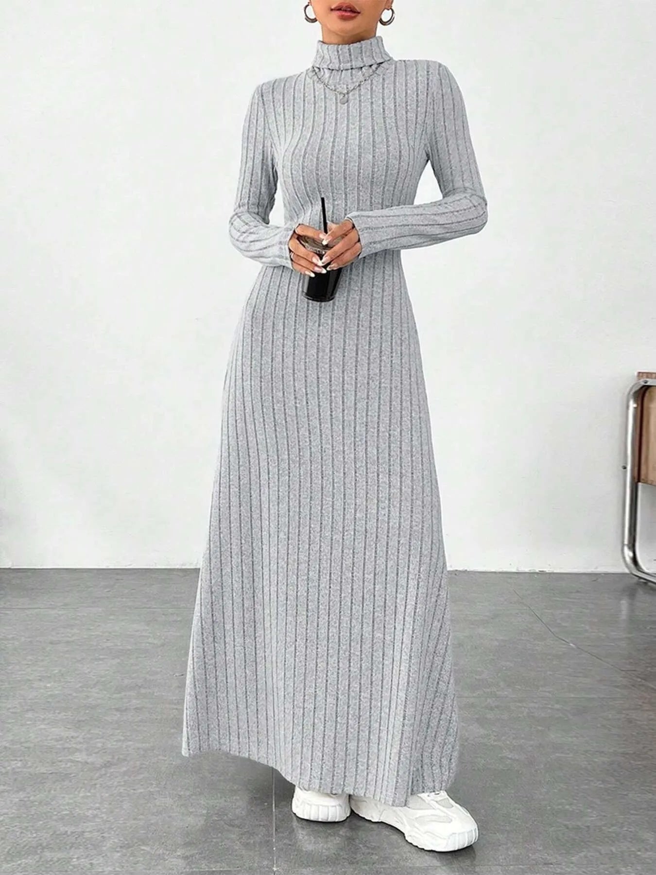 Turtleneck Ribbed Maxi Knit Dress