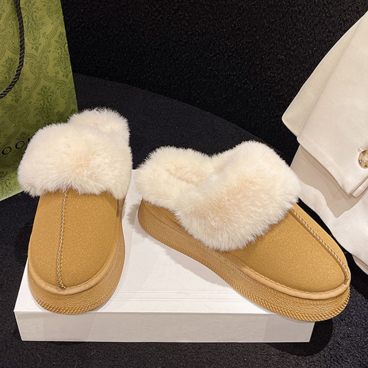 Suede Faux Fur Platform Slippers