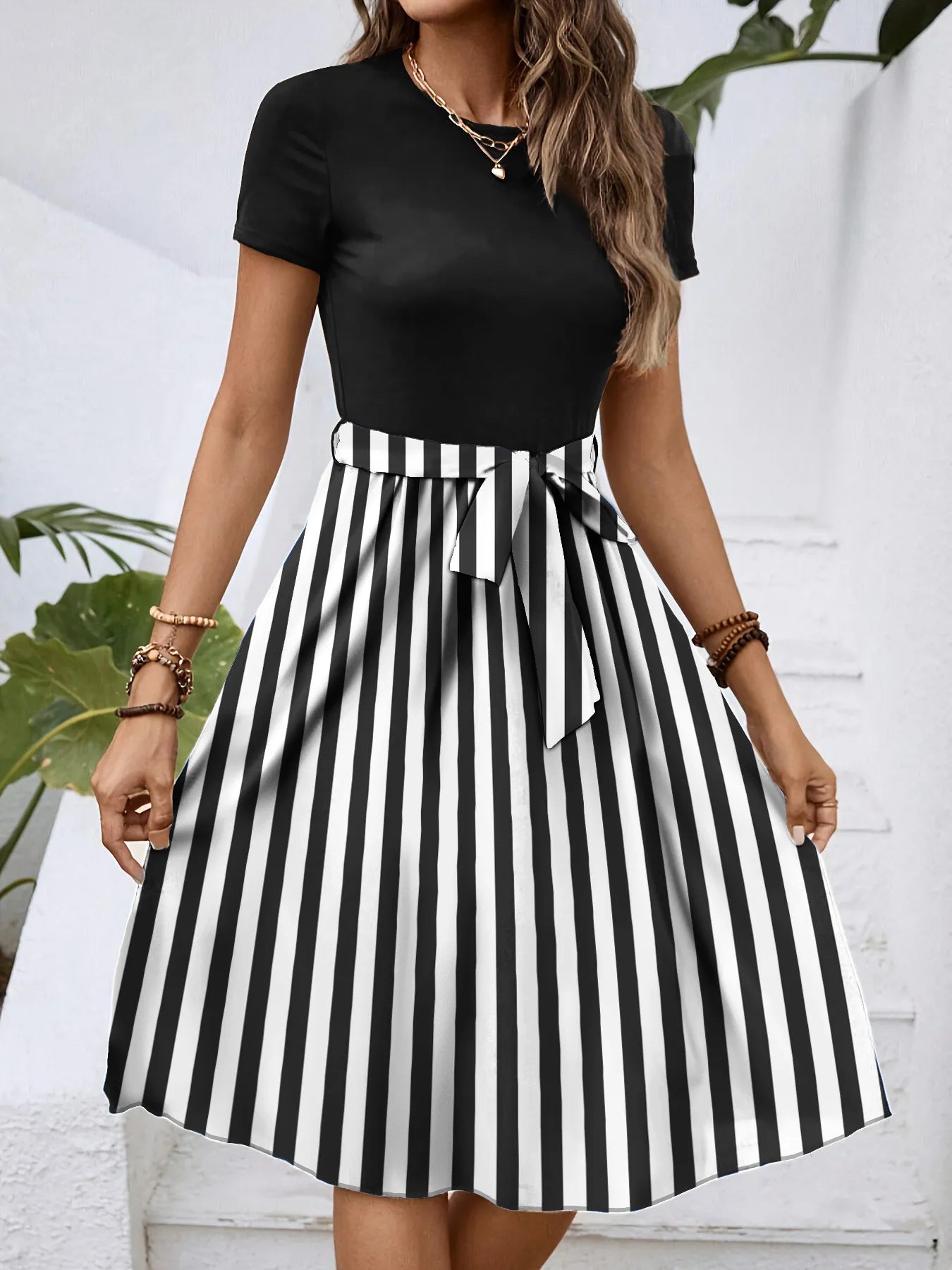 Striped Round Neck Short Sleeve Dress