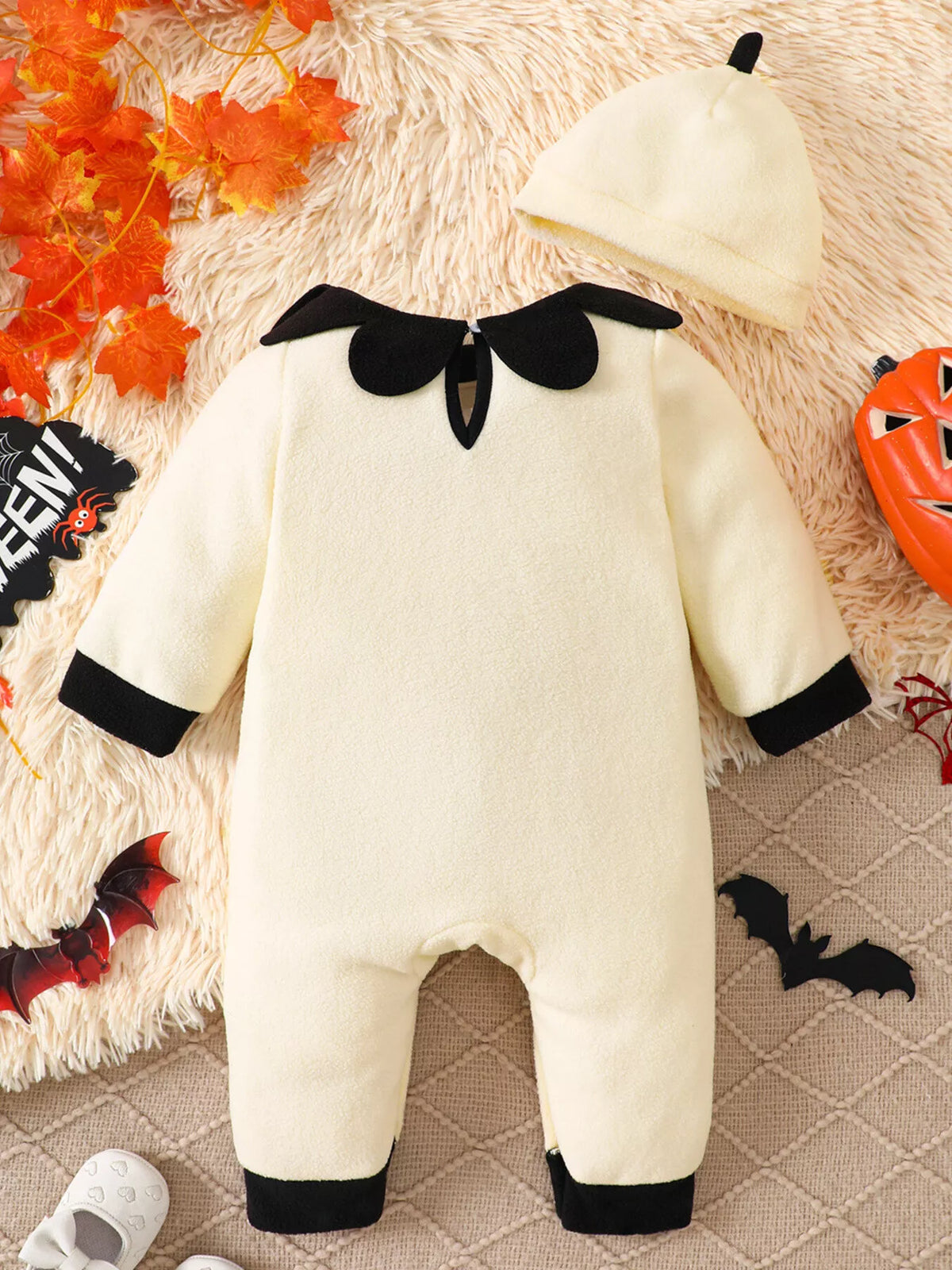 Children's Halloween Ghost Print Long Sleeve Jumpsuit and Hat Set