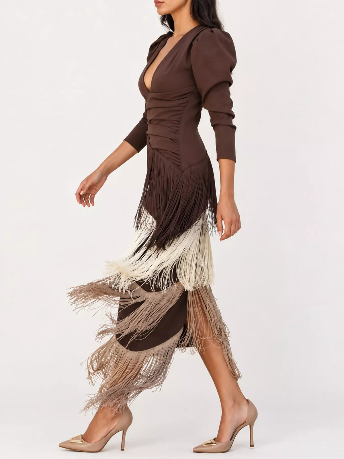 Plus Size Fringed V-Neck Puff Sleeve Party Dress