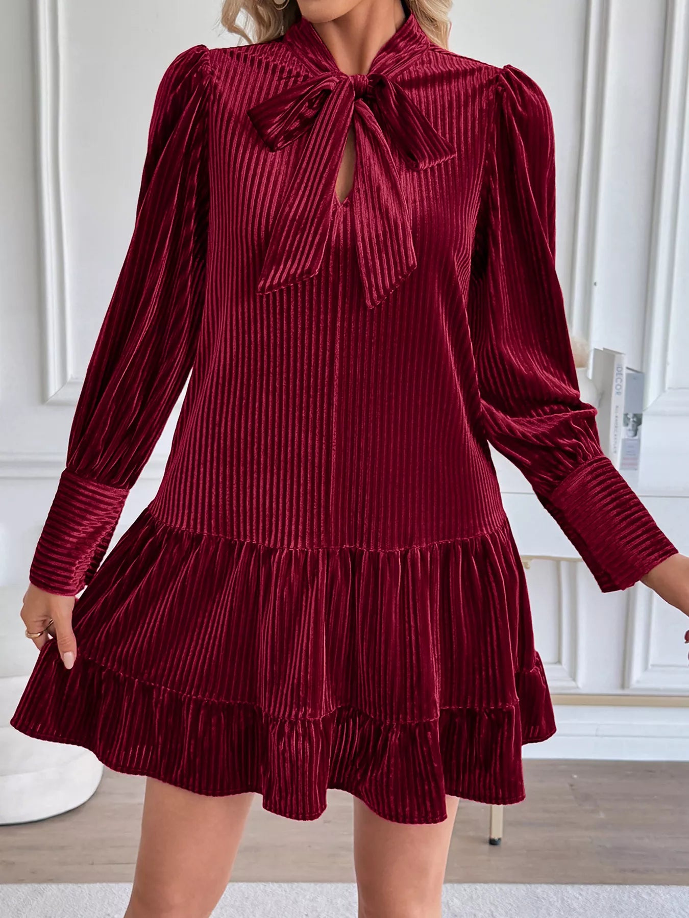 Velvet Tie Front Tiered Mini Dress