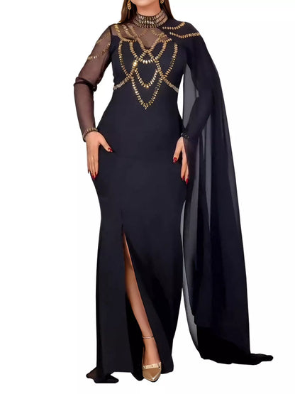 Rhinestone Slit Maxi Dress with Sheer Cape Sleeves