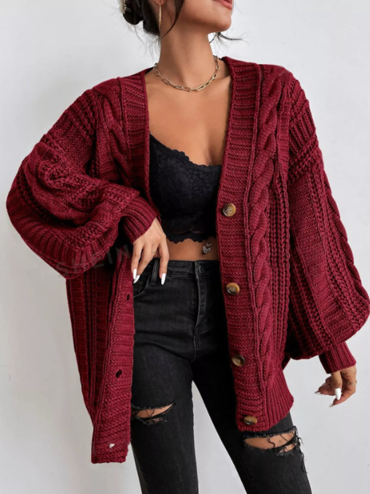 Cable Knit V-Neck Button-Down Cardigan