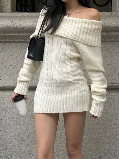 Off-shoulder cable knit sweater dress, view 2