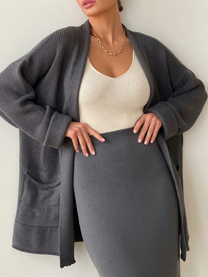 Pocketed Cardigan Skirt Set