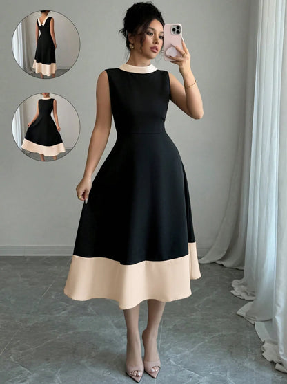 Contrast Trim Sleeveless Midi Dress