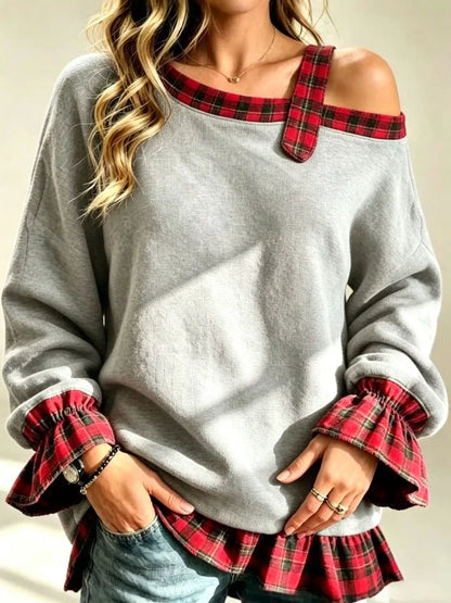 Plaid ruffled hem sweatshirt, view 5