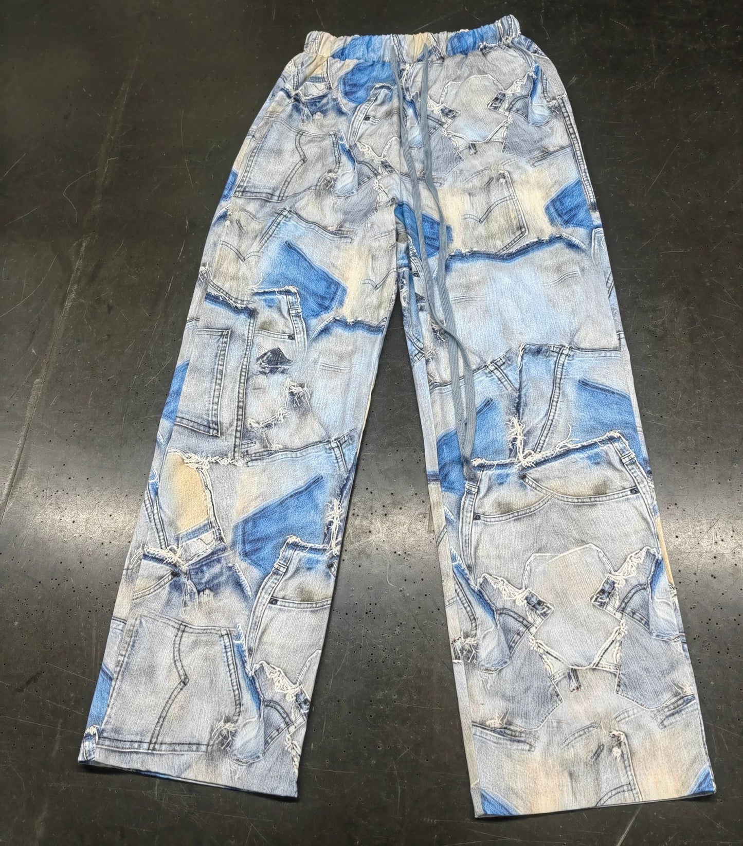Printed Imitation Denim Loose Leg Pants