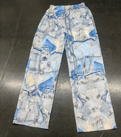 Printed Imitation Denim Loose Leg Pants