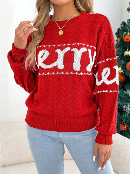 Women's merry cable knit sweater, red or green