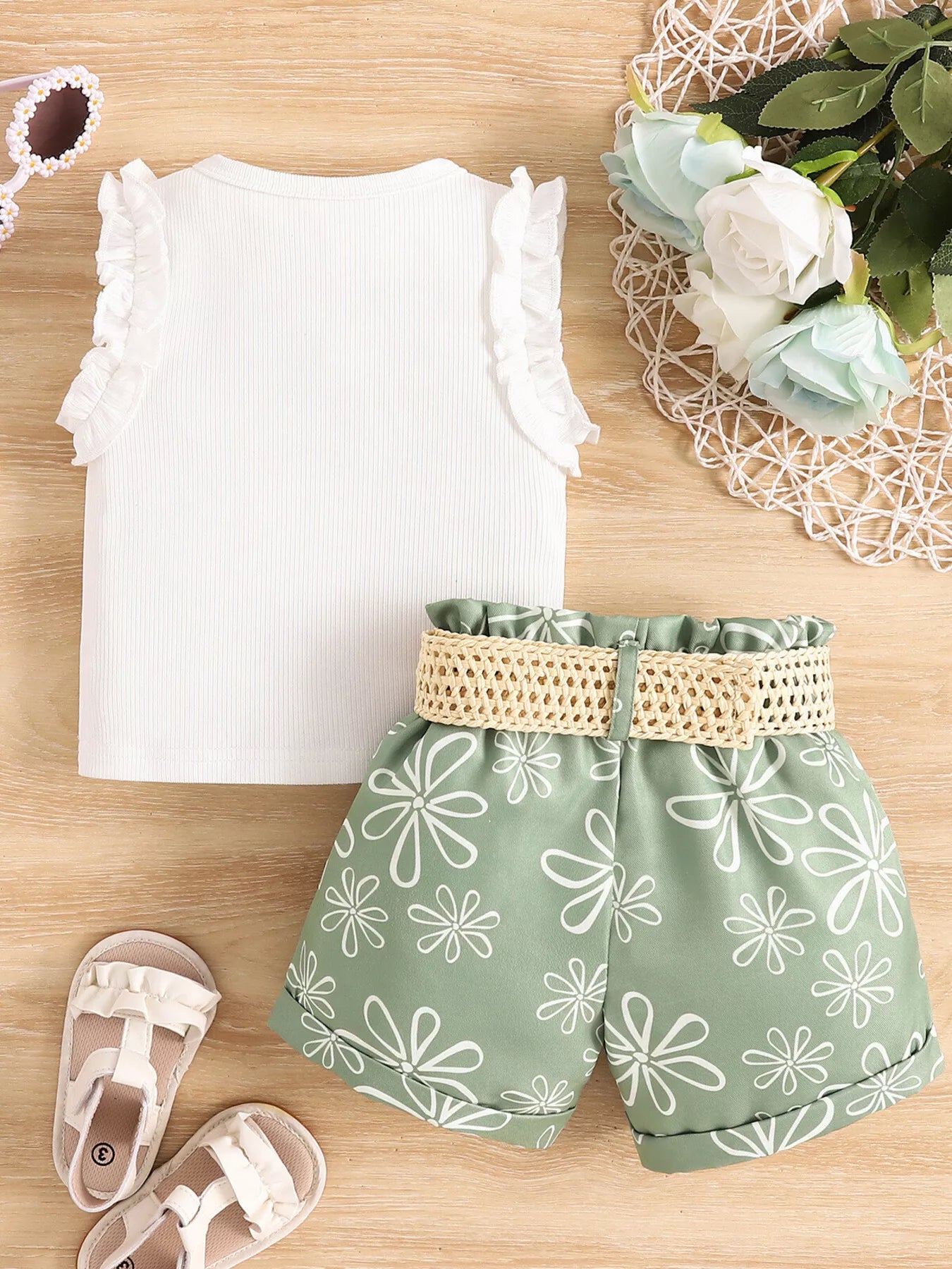 Children's Frill Sleeveless Top and Belt Shorts Set