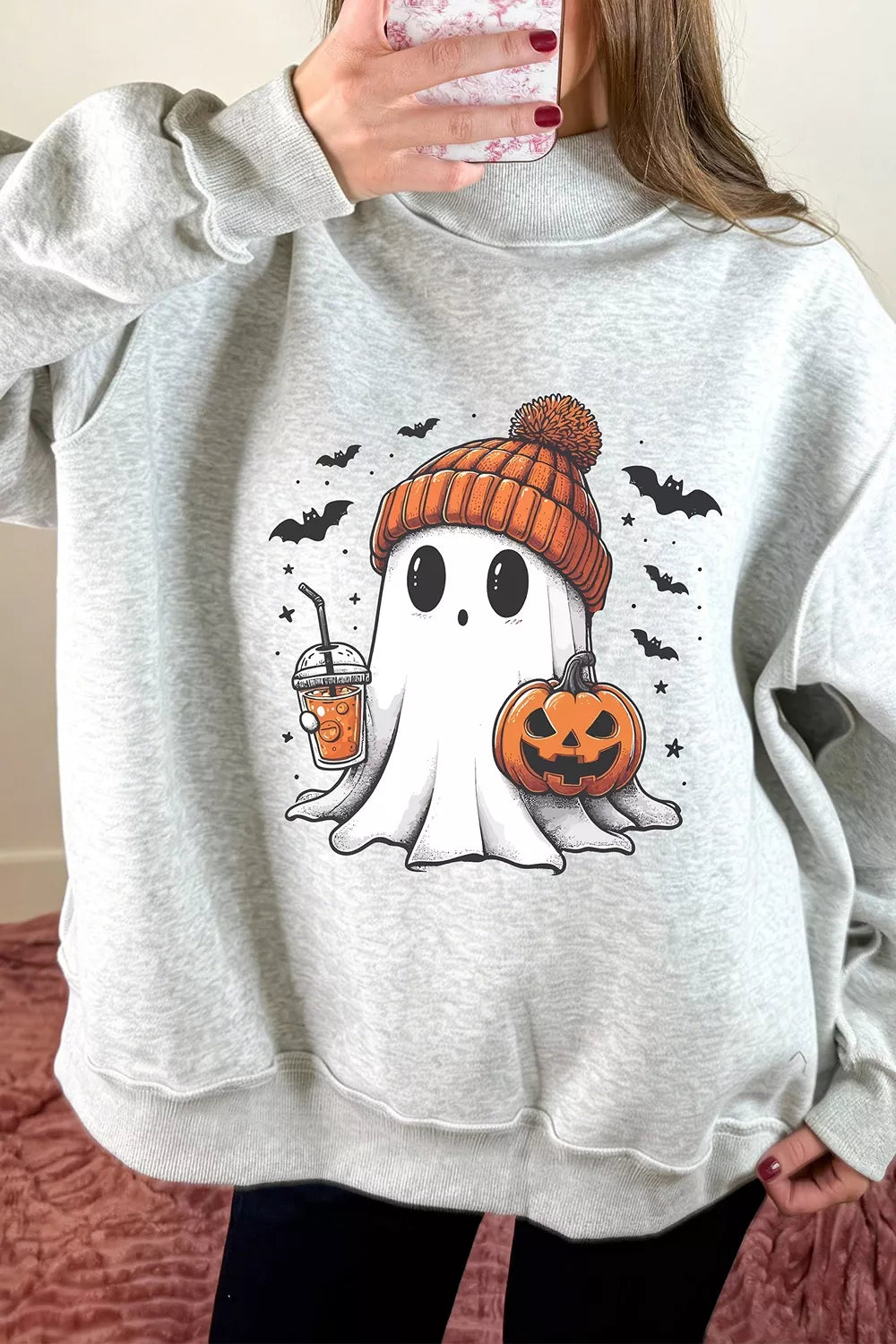 Reversible Halloween Graphic Mock Neck Tunic Sweatshirt