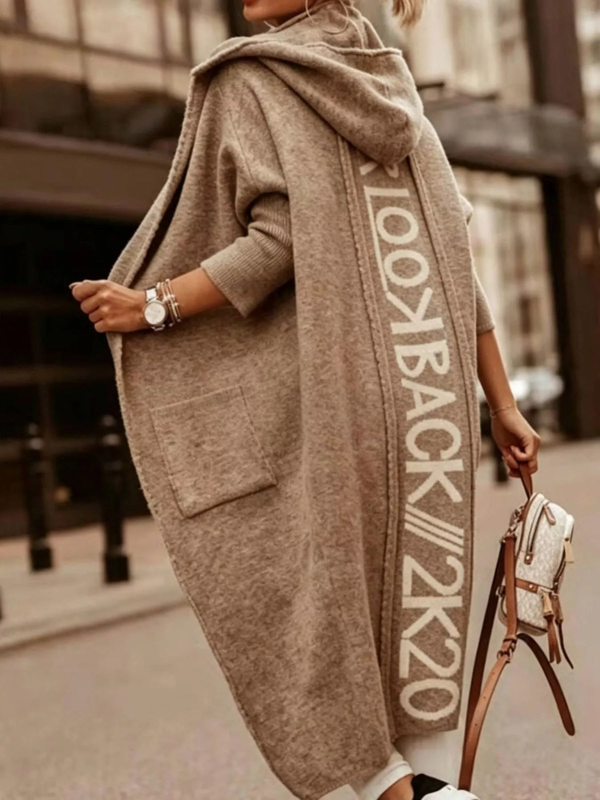 Plus Size Letter Back Hooded Cardigan