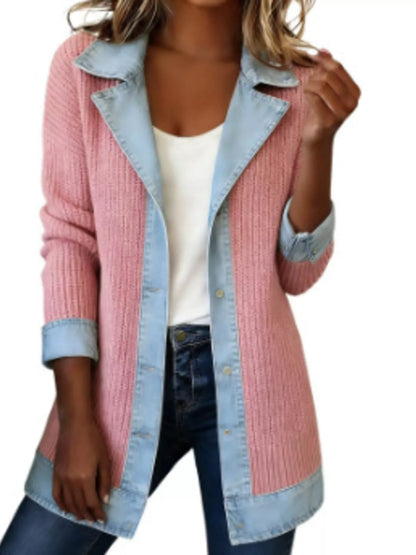 Full Size Denim Trim Ribbed Knit Jacket Plus Size
