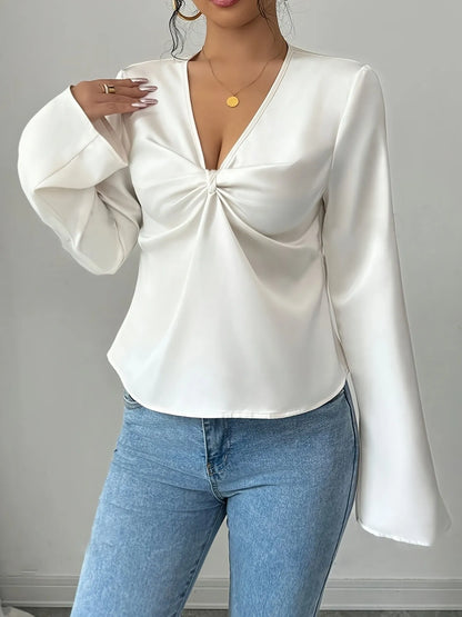 V-Neck Twist Front Long Sleeve Blouse