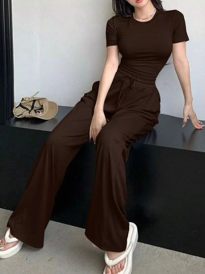 Solid Color Short Sleeve Crop Top and Wide Leg Pants Set