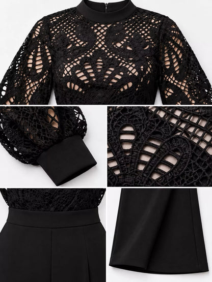 Plus Size Lace Lantern Sleeve Flare Jumpsuit