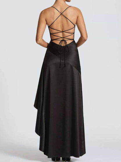 Backless High-Low Ruffle Hem Evening Dress with Side Slit