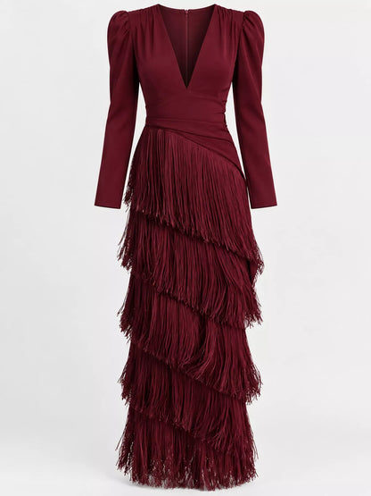 Fringed V-neck puff sleeve dress, view 27