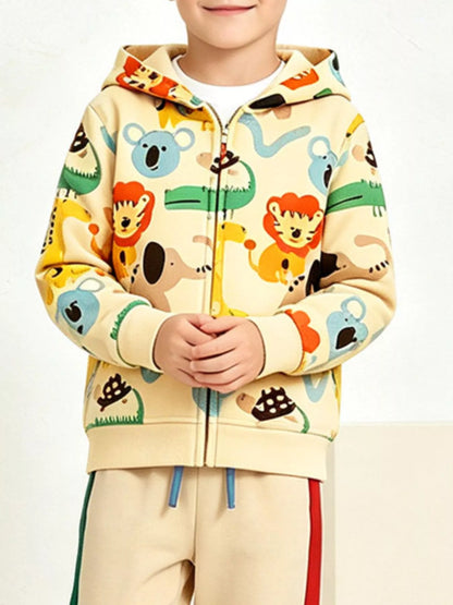 Kid's Cartoon Print Zip-Up Hoodie & Pants Set