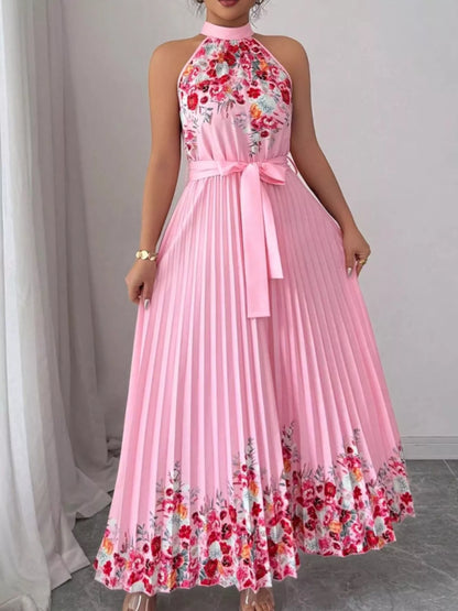 Halter Neck Floral Print Pleated Maxi Dress