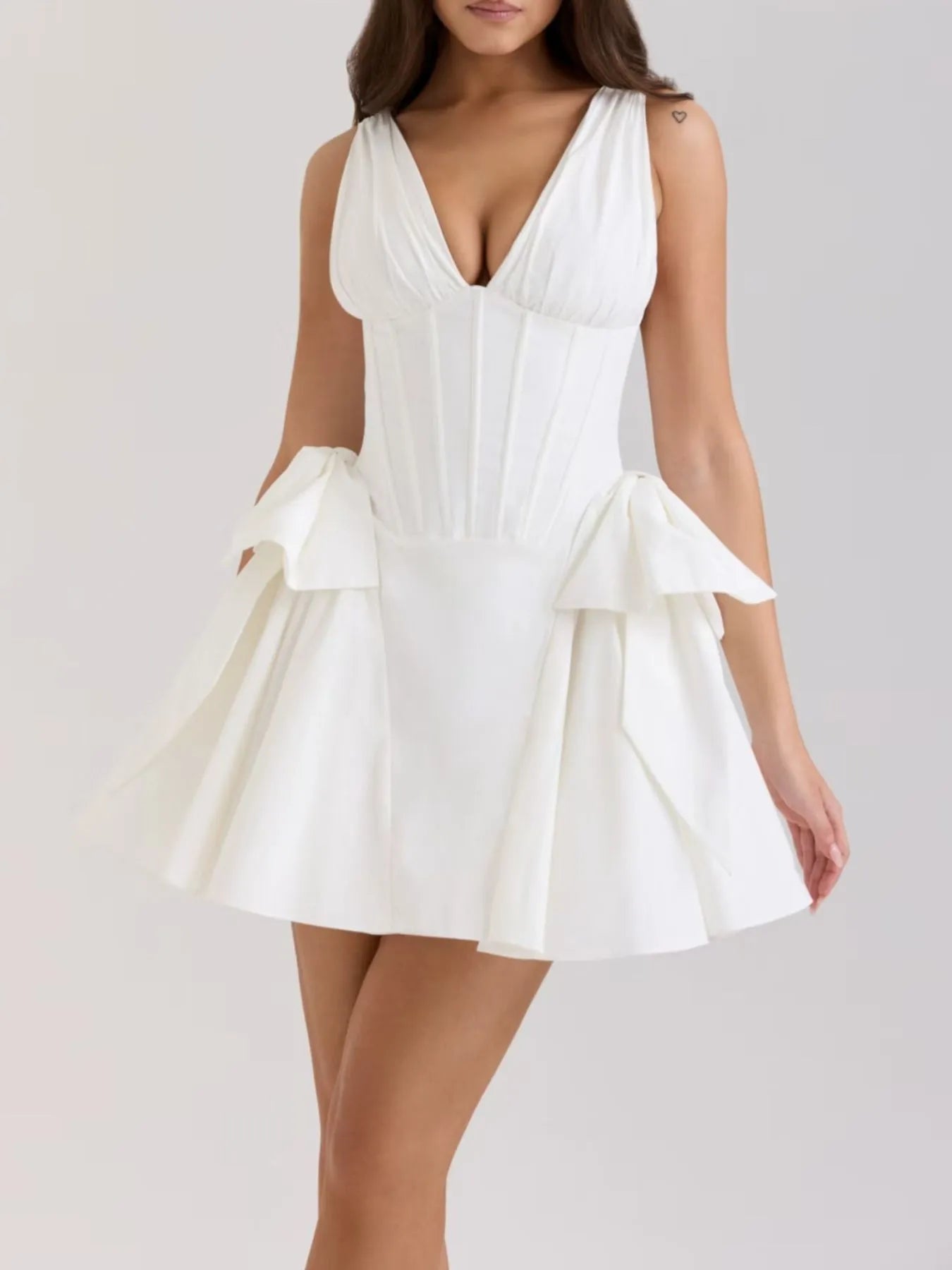 Bow V-Neck Sleeveless Mini Dress