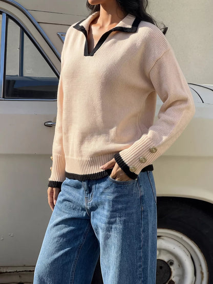 Contrast trim polo collar sweater, view 12