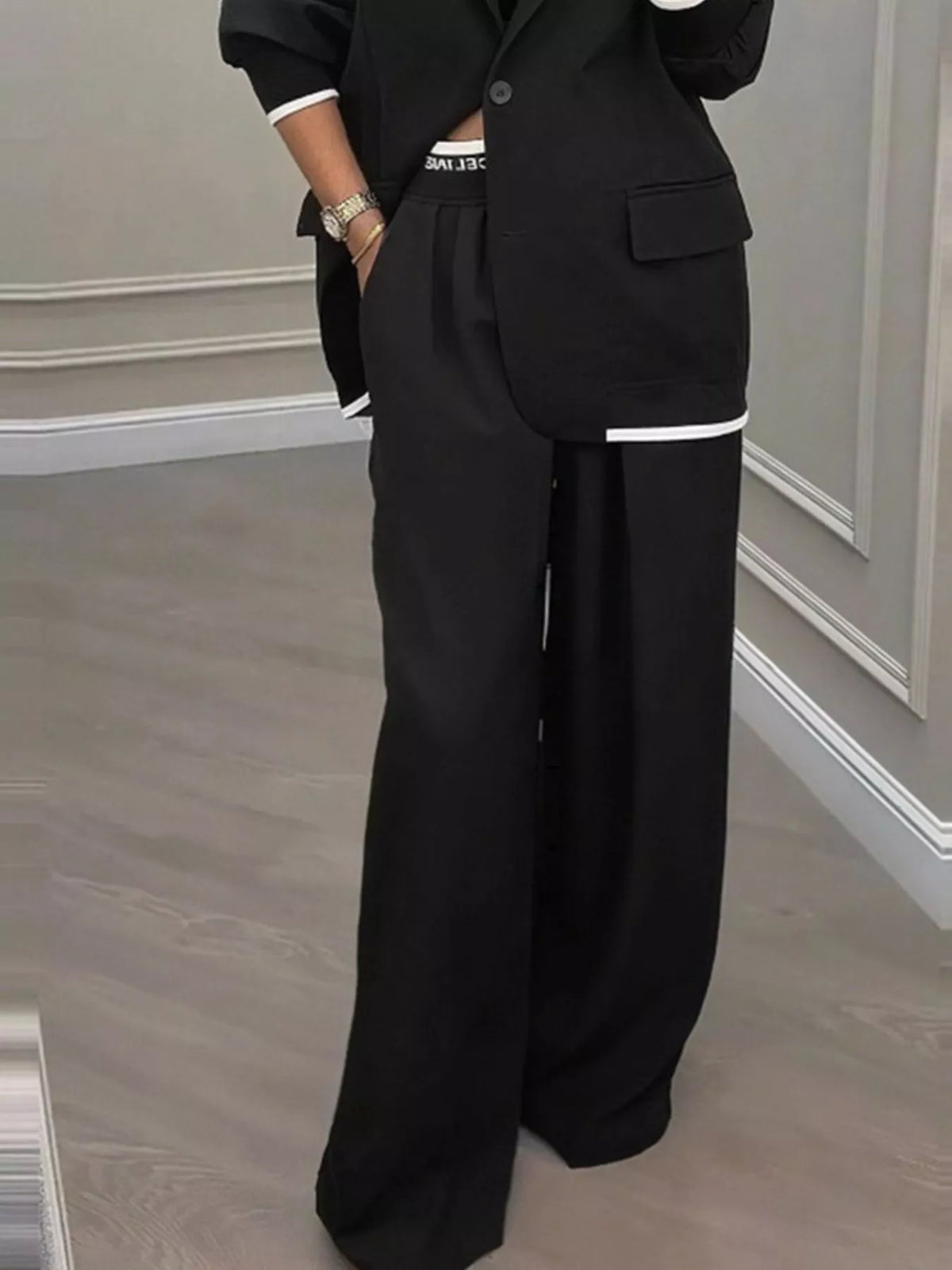 Full Size One Button Blazer & Wide Leg Pants Set Plus Size